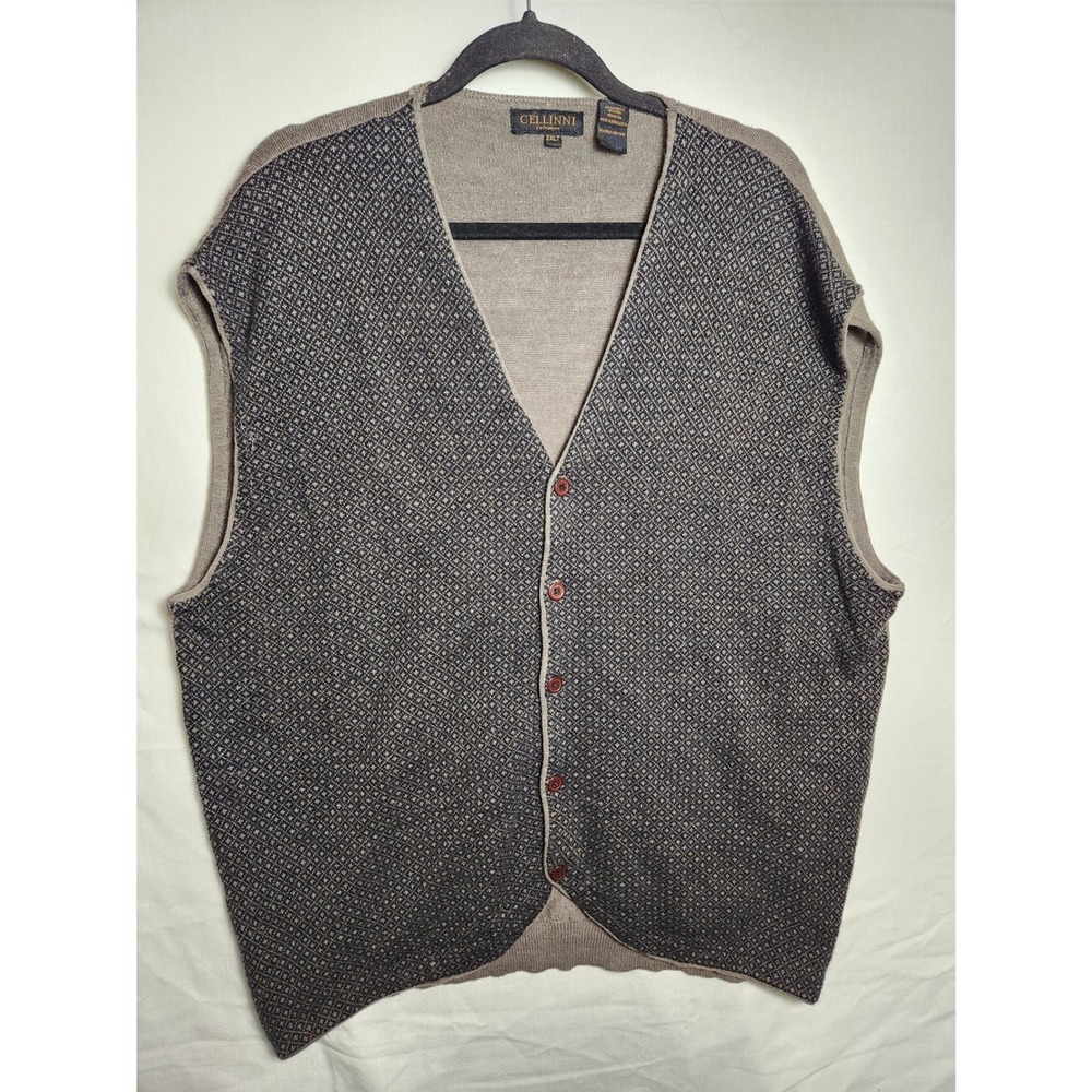 Cellinni Collezione M 2XLT Wool Blend Geometric Button Front Sweater Vest Taupe